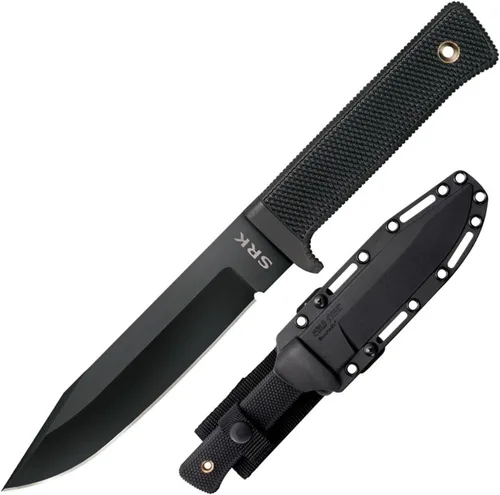 COLD STEEL SRK SK-5 Cuchillo de hoja afilada con punta de clip de 6 pulgadas, mango Kray-Ex duradero, cuchillo táctico de hoja fija con funda