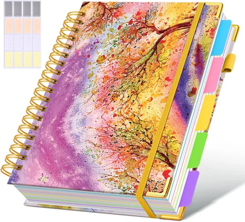 Miniatura 20 de Cuaderno universitario de espiral con tapa dura de cuero de 8 x 10 pulgadas, con pestañas separadoras extraíbles, para 5 materias, a rayas; diario