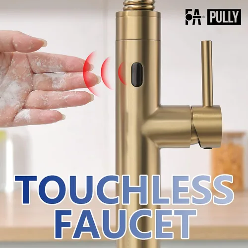 Miniatura 4 de Fapully Grifo de cocina sin contacto con rociador extraíble, sensor de movimiento dorado cepillado, inteligente comercial de una sola manija, grifo