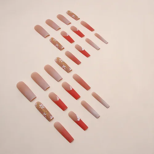 Miniatura 2 de IMSOHOT Uñas postizas, acrílicas de color naranja mate, puntas francesas cuadradas, 24 unidades, uñas extra largas con pegamento con bonitos diseños