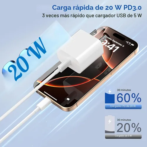 Miniatura 2 de Cargador de iPhone de carga rápida, paquete de 3 cargadores USB C de 20 W para iPhone 17 16 15 con cable USB C de 60 W, 6 pies para iPhone 17 Pro