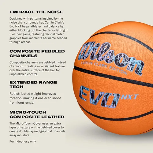 Miniatura 4 de Wilson NCAA Evo NXT Balones de Baloncesto Oficiales para Juegos en Interiores - Tamaños 6 y 7 Caitlin Clark - Naranja/Negro