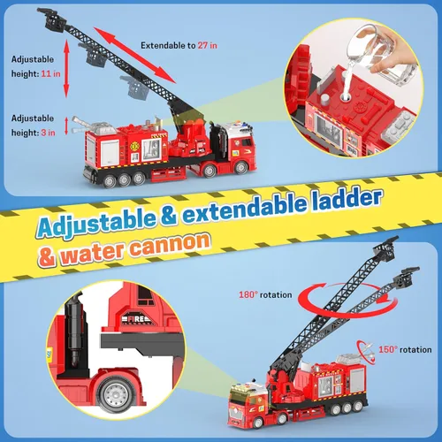 Miniatura 4 de Camión de bomberos extra grande para niños, escalera extensible de 27 pulgadas, rotación de 180°, camiones de bomberos ligeros y con sonido