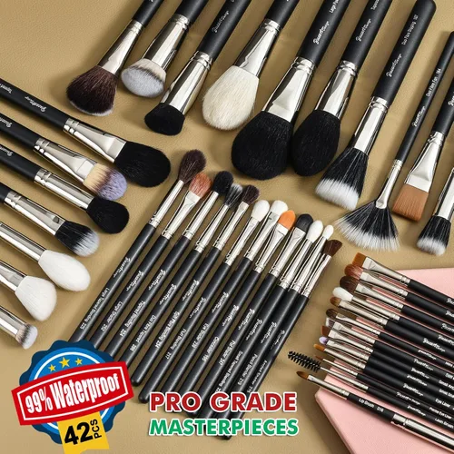 Miniatura 2 de BUEART DESIGN - Juego de 42 brochas de maquillaje con pelo de cabra natural real (42 piezas, negro perla mate)