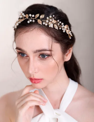 Miniatura 6 de Chargances Peine de vid de cristal con perlas para novias, diadema larga dorada, diadema larga, accesorio hecho a mano, accesorios para el cabello