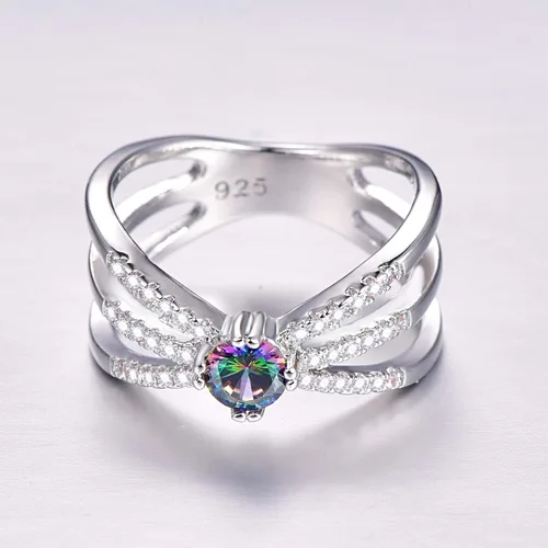 Miniatura 16 de Narica Anillo de 21 piedras chapadas en plata, apilables, corte redondo, zafiro azul, circonita cúbica, relleno de circonita cúbica, halo