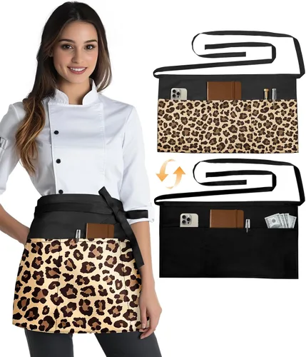 Miniatura 11 de Slohif Delantal Reversible de Servidor con 6 Bolsillos - Delantal de Cintura para Camarera Mujeres Delantal Corto de Media Porción Camarero