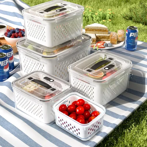 Miniatura 12 de Juego de 3 recipientes de almacenamiento de alimentos para refrigerador con tapas con colador, recipientes de almacenamiento de frutas y verduras