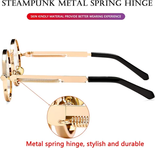 Miniatura 5 de AIEYEZO Gafas de sol redondas Steampunk con montura de metal gótico 100 bloqueo UV