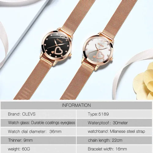 Miniatura 7 de OLEVS Relojes de oro rosa para mujer movimiento de cuarzo japonés con diamantes de corazón para niñas reloj de pulsera con correa de malla