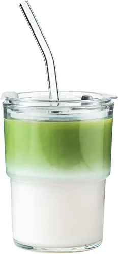 Miniatura 10 de Olvini Vaso de vidrio de 13 onzas con popote y tapa, vaso reutilizable para café helado, bonitas tazas de vidrio para agua, matcha, tazas de café