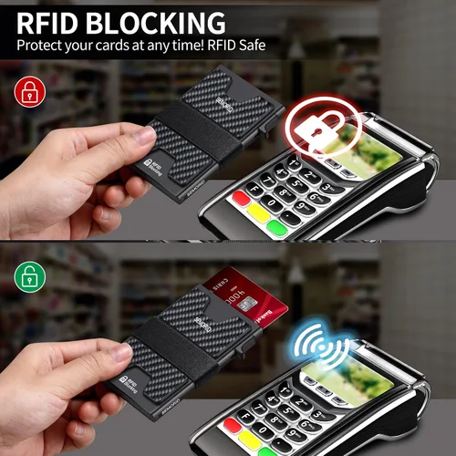 Miniatura 94 de Cartera delgada de aluminio para hombre, placa trasera expandible duradera, bloqueo RFID, billetera desplegable de metal minimalista, con capacidad