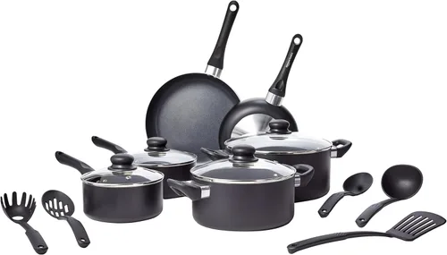 Amazon Basics Juego de utensilios de cocina antiadherentes de 15 piezas, no inducción, incluye ollas, sartenes y utensilios, color negro