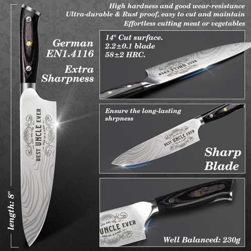 Miniatura 3 de Funistree Best Uncle Ever - Cuchillo de chef profesional alemán de acero inoxidable de alto carbono de 8 pulgadas, regalo para cumpleaños, regalos