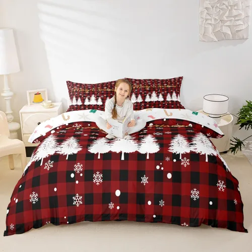 Miniatura 17 de Juego de funda de edredón para niños con diseño de Navidad, tamaño individual, camiones rojos y árboles de pino con copos de nieve, decoración