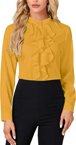 Miniatura 21 de LYANER - Blusa de cuello alto con botones, volantes en el frente, manga larga, camisa de trabajo para mujer