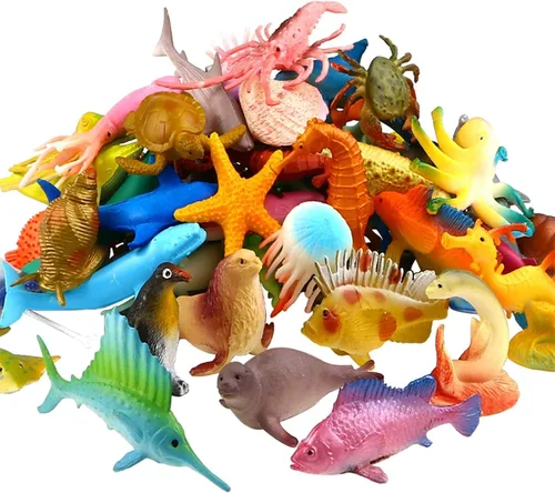 Funcorn Toys Animales Marinos del Océano, Paquete de 52 Juguetes Surtidos de Animales de Plástico de Vinilo en Miniatura, Figura Realista de Vida