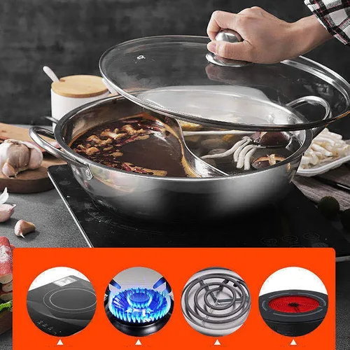 Miniatura 3 de Olla caliente de Shabu de acero inoxidable con tapa de vidrio para estufa de inducción, estufa de gas 2-5 personas