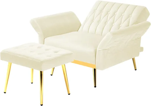 Miniatura 7 de Silla decorativa de terciopelo con respaldo y reposabrazos ajustables, sillón reclinable individual con otomana y patas mentales doradas para sala