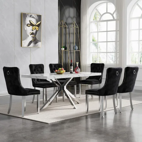 Miniatura 13 de HomVent Juego de mesa de comedor rectangular para 4, juego de mesa de cocina rectangular, juego de mesa de comedor de mármol sintético, juego