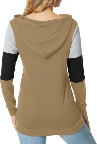 Miniatura 4 de CATHY Sudadera casual con cordón para mujer, manga larga, bloque de color, sudadera con capucha y bolsillo