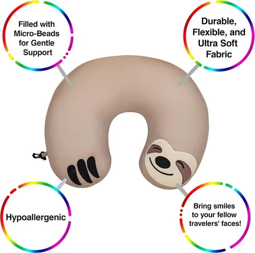 Miniatura 6 de GAMAGO Sloth Kids & Kidults, bonita almohada de avión para viajes, tela ultra suave rellena con microperlas para un suave apoyo del cuello