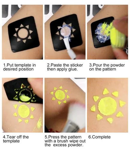 Miniatura 8 de Kit de tatuaje temporal con purpurina para maquillaje de niños, 30 purpurina corporal, 3 pegamento de purpurina, 5 hojas de plantillas de tatuajes
