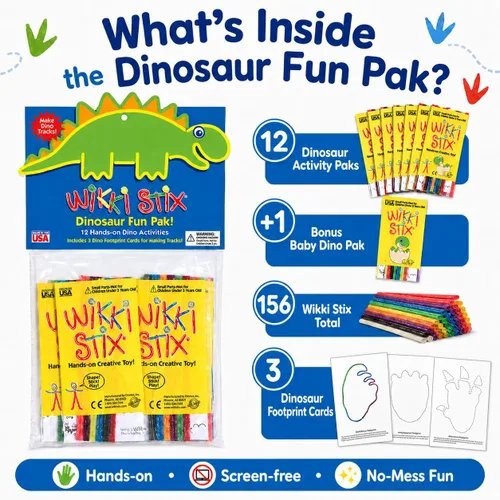 Miniatura 2 de WikkiStix - Recuerdos de fiesta de dinosaurios para niños, 13 paquetes individuales de actividades de dinosaurios con 144 Wikki Stix, tarjetas