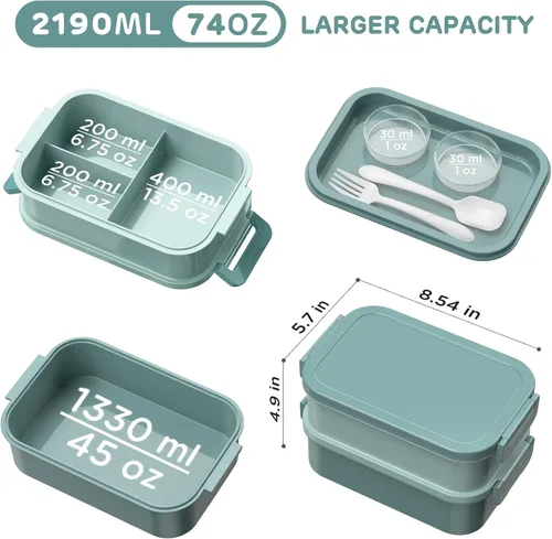 Miniatura 6 de DaCool Lonchera Bento para adultos, caja Bento de 74 onzas, contenedor apilable todo en uno para adultos, caja Bento grande con tenedor, cuchara