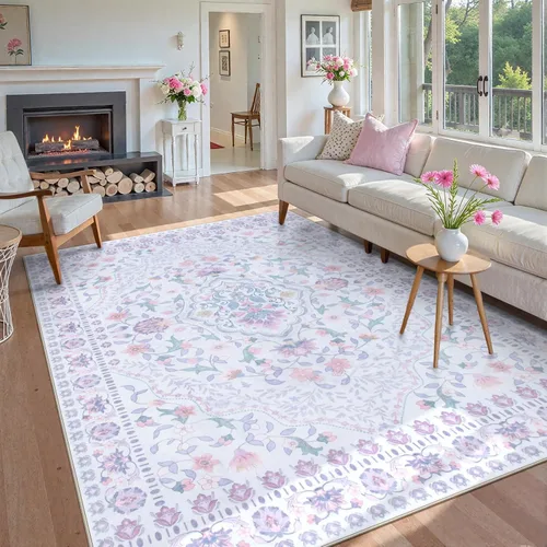 Miniatura 32 de Wonnitar Alfombras rosas para dormitorio, niñas, guardería, alfombra lavable con estampado floral de 5 x 7 pies, bohemio, ultrafina, antideslizante