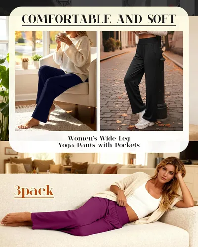 Miniatura 2 de Neer - Conjunto de 3 pantalones de yoga de pierna ancha para mujer - Pantalones deportivos cómodos, holgados, de cintura alta y casuales