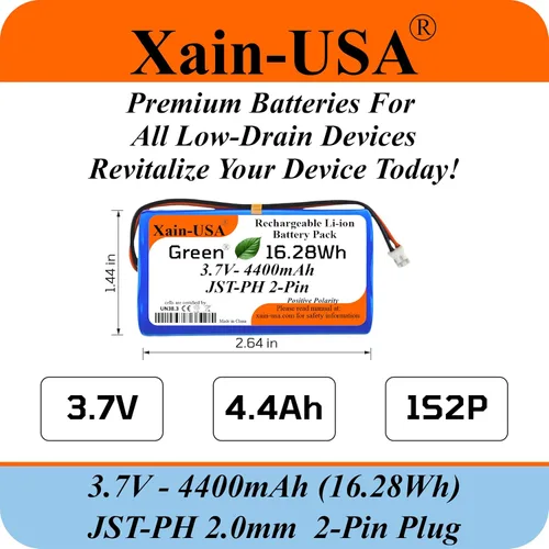Miniatura 2 de Paquete de 1 batería de iones de litio de 3.7V 4400mAh con conector JST‑PH de 2 pines para electrónica, luces LED, juguetes, GPS y nodos solares