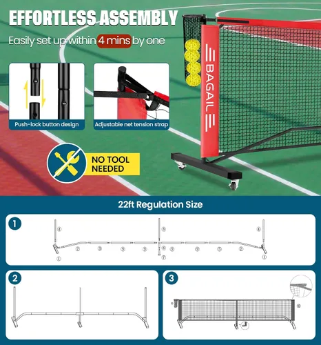 Miniatura 6 de BAGAIL Juego de red de pickleball portátil, red de bolas de pickleball de tamaño reglamentario de 22 pies con colector de bolas, 4 bolas y bolsa