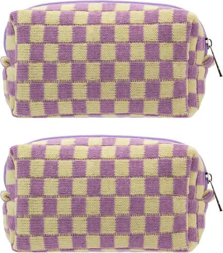 Miniatura 90 de PAZIMIIK Bolsa de Maquillaje a Cuadros para Bolso Portátil con Cremallera, Estuche Pequeño de Cosméticos para Accesorios de Viaje, Azul Ártico