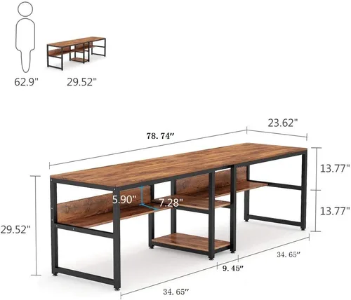 Miniatura 3 de Tribesigns Escritorio para Dos Personas con Estantería, Escritorio Doble de Oficina y Computadora de 78.7 Pulgadas para Dos Personas, Mesa Rústica