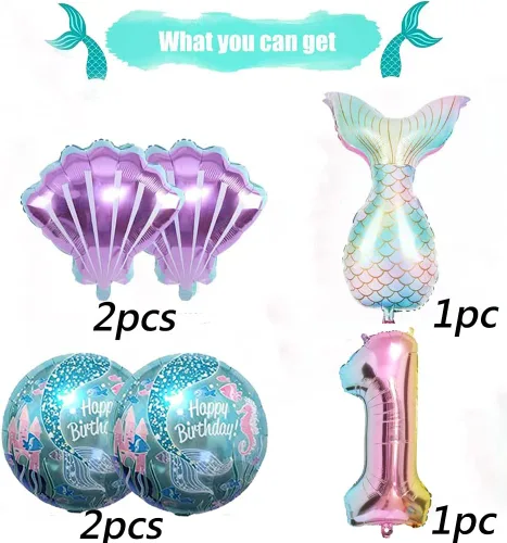 Miniatura 2 de Kit de decoración de cumpleaños de sirena sdquskin: 6 globos verdes de sirena (número 1) para niñas
