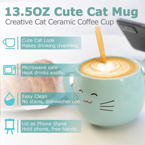 Miniatura 3 de Yuwu Taza de café de cerámica con cuchara y tapa, taza de 13.5 onzas con tapa de soporte para teléfono, bonita taza de té para mujeres y entusiastas