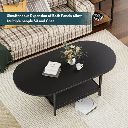Miniatura 8 de SAYGOER - Mesa de café negra moderna con extensión y almacenamiento para sala de estar, mesa central única de 2 niveles con dos paneles plegables