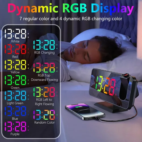 Miniatura 3 de Reloj despertador de proyección para techo de dormitorio, proyector giratorio de 180°, espejo RGB de 7.4 pulgadas, pantalla digital LED, alarma dual