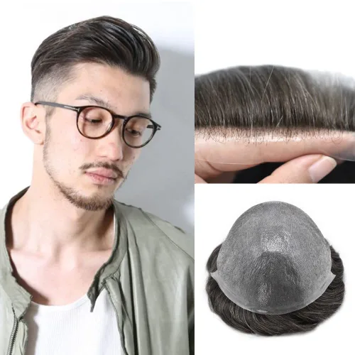 Miniatura 24 de Tupé para hombre, extensiones de cabello humano Remy para hombre, piel fina, 0.002 in, sistema de reemplazo de cabello con bucle en V para hombres