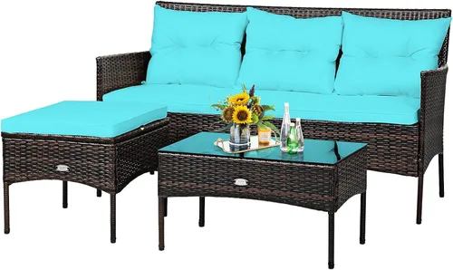 Miniatura 15 de Tangkula juego de sofá de esquina para patio de 3 piezas, juego de sofá de ratán para exteriores, incluye chaise lounge, sofá doble y mesa auxiliar