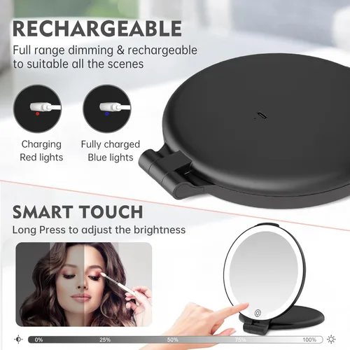 Miniatura 4 de FUNTOUCH Espejo de viaje con luz, espejo de maquillaje recargable 1X/10X con aumento, 7 pulgadas, doble cara, 3 modos de iluminación