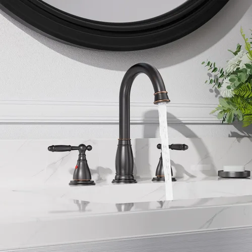 Miniatura 5 de Phiestina Grifos de baño generalizados de bronce aceitado de 2 manijas de 8 pulgadas y 3 agujeros, con válvula y drenaje emergente de metal, ORB