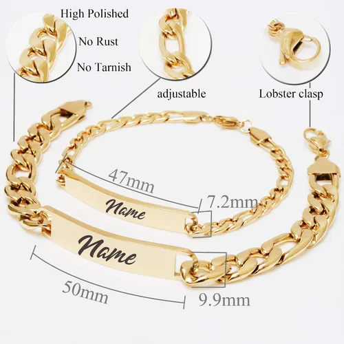 Miniatura 3 de Pulseras personalizadas chapadas en oro de 18 quilates para parejas, grabados personalizados, con nombre y identificación, juego a juego