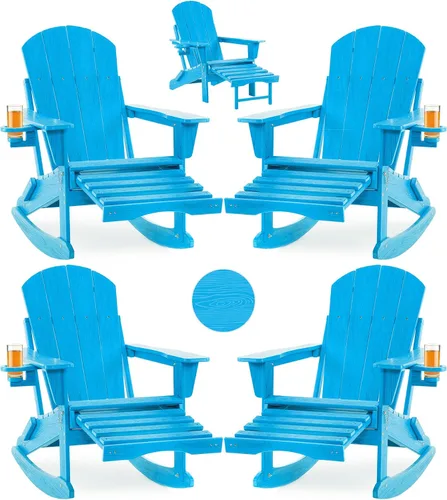 Miniatura 12 de Mecedora plegable Adirondack, silla de patio multifuncional 4 en 1 con otomana retráctil, silla de exterior con textura de madera, silla de césped
