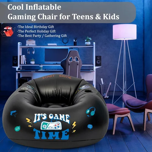 Miniatura 7 de Silla inflable para juegos para niños, puf de piso para adolescentes, muebles de habitación de niños con portavasos y bolsillo lateral, sofá