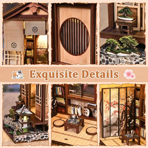 Miniatura 5 de Kit de rincón de libro, casa de muñecas japonesa, biblioteca, biblioteca de biblioteca, estantería de casa pequeña, rompecabezas de madera 3D, kit