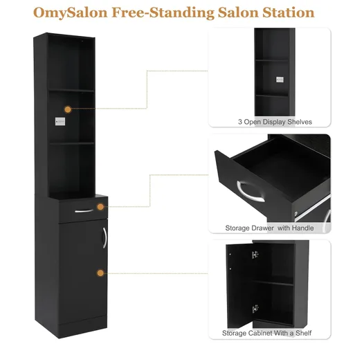 Miniatura 6 de mefeir Salon Station, gabinete de almacenamiento para peluquero con cajón, 5 compartimentos y estante, MDF duradero, equipo organizador para salón