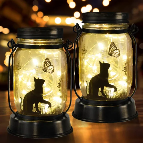 kyoryuger Paquete de 2 faroles solares de gatos, regalos de Navidad para amantes de los gatos, mujeres, mamá, abuela, farol conmemorativo, estaca