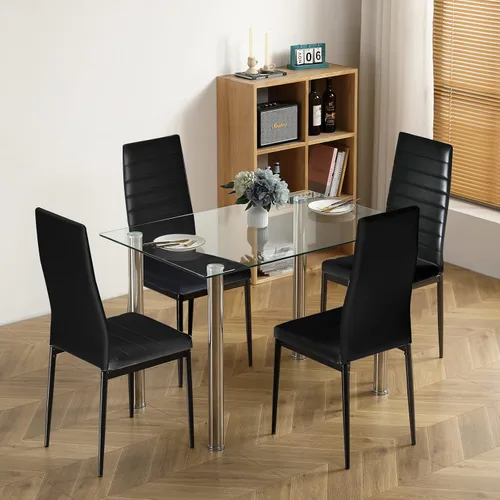 Miniatura 11 de Juego de mesa de comedor de 5 piezas, moderno juego de mesa de comedor negro para 4, mesa de comedor de cocina de vidrio templado con 4 sillas